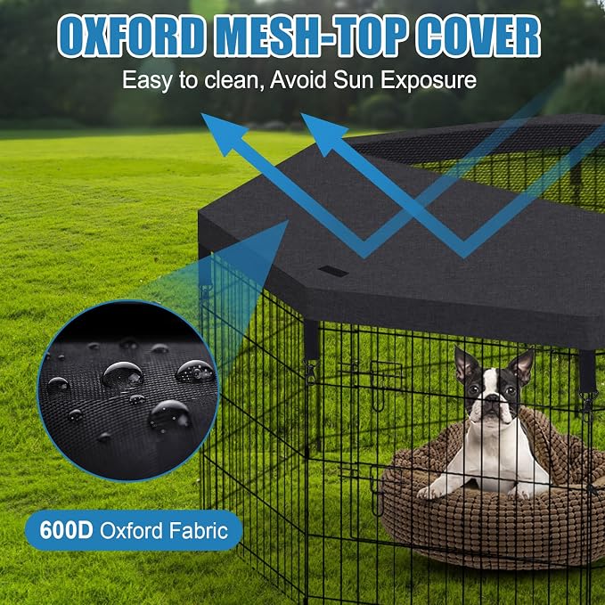 Peekaboo Dog Playpen 24" H 8-Panel with Octagonal Top Cover & Bottom Pad | 24-inch black 8-panel rustproof metal dog playpen with built-in door, foldable design, top cover and waterproof bottom pad.