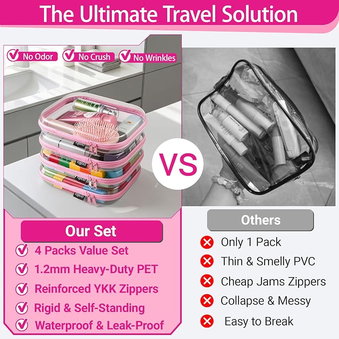YQBRAO Clear Hard Shell Zipper Cases, 4 Medium Makeup Organizers, Pink | Rigid 1.2 mm PET and YKK dual zippers for skincare, toiletries, chargers, notebooks and daily essentials