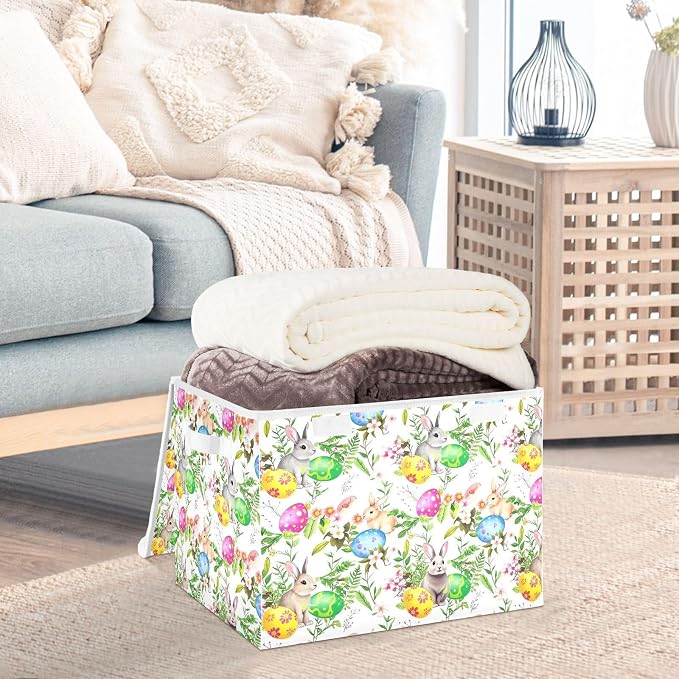 senya Easter Storage Baskets Collapsible Storage Bins with Lids, Easter Bunny Eggs in Grass Flowers Storage Boxes Clothes Baskets for Organizing