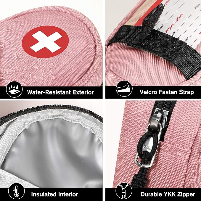 SITHON EpiPen Medical Carrying Case Insulated, Travel Medication Organizer Bag Emergency Medical Pouch Holds 2 EpiPens, Asthma Inhaler, Anti-Histamine, Auvi-Q, Allergy Medicine Essentials, Pink | Emergency Medical Travel Pouch Holds 2 EpiPens, Asthma I...
