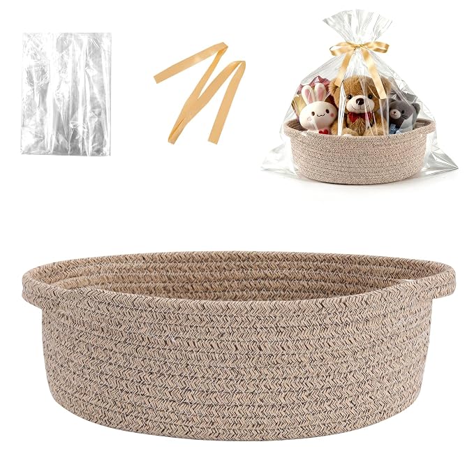 Basket for Gifts Empty, Small Woven Basket with Bags and Ribbons, Baby Toy Small Baskets with Handles, Wicker Storage Bin for Baby Showers or Pet Toy, Light_Brown, 1 Pack, (12"x 8"x 3.74")