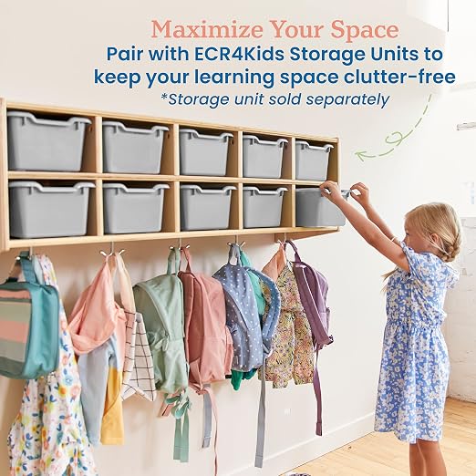 ECR4Kids Scoop Front Storage Bins, Multipurpose Organization, Light Grey, 10-Piece | Durable plastic, GREENGUARD Gold Certified, 1.2 gallon capacity, lightweight & nestable, built-in handle, classroom/home use