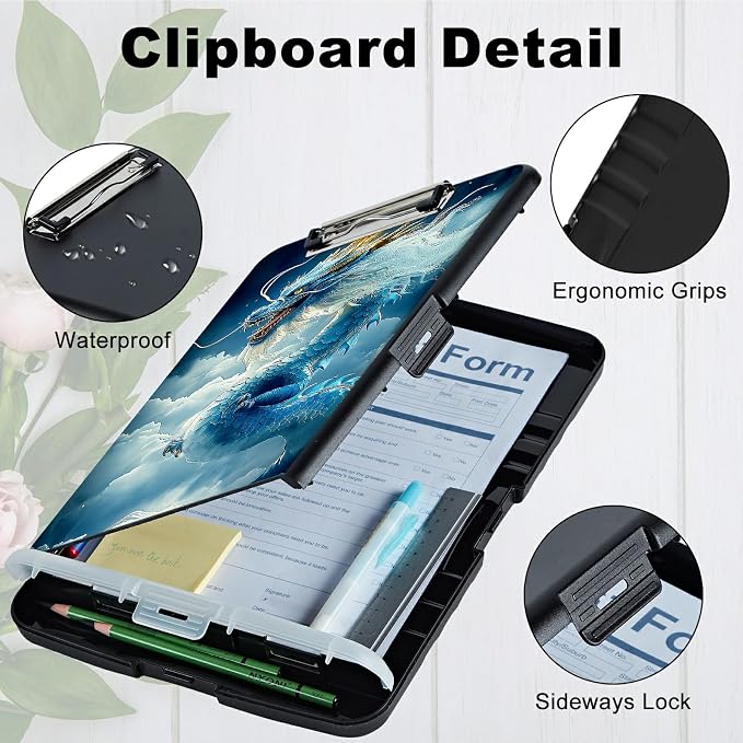 A4 Clipboard with Storage Pen Holder, Clipboards Organizer Nursing Clipboard Foldable File Folder Plastic Clipboard Folio Clip Board for Office Work Classroom Doctor, Cloud Blue Dragon