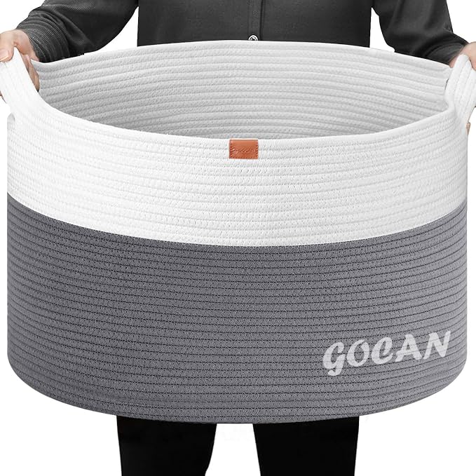 Cotton Rope Woven Laundry Basket 22"X 22"X 14" with handles XXXL | Hand-woven, ideal for storing blankets and cushions in the living room, and clothes for household storage.(Ltgrey/Beige)