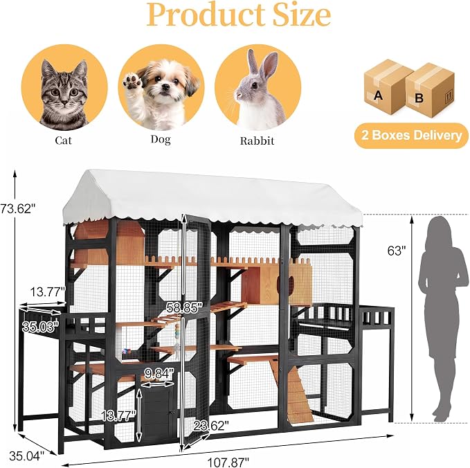 Large Outdoor Cat Enclosure Wooden Catio with Multi-Level Play Platforms, Climbing Ramps, Resting Boxes, Pom-Pom Toys & 2 Plant Stands, Weather-Resistant Roof & Wire Mesh for Backyard Patio, Black