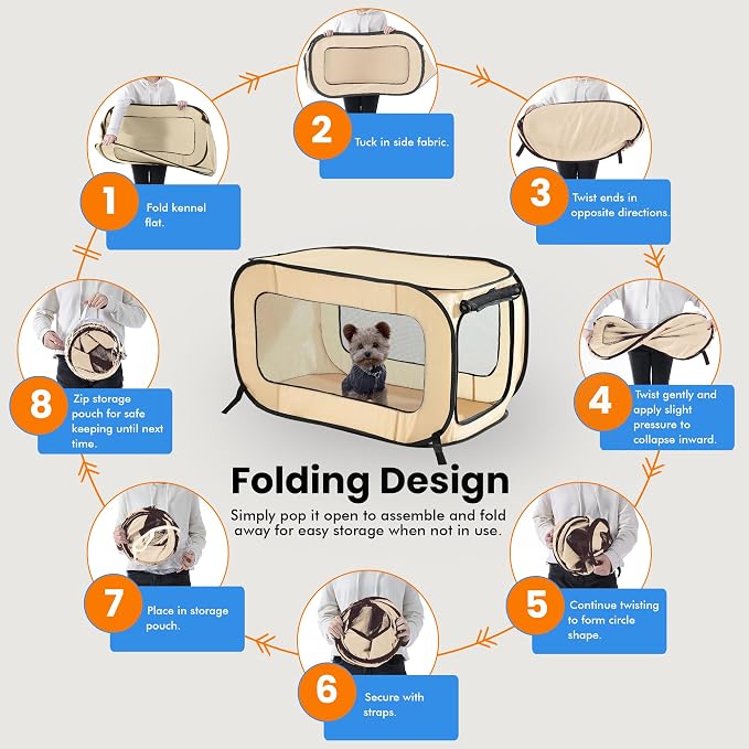 Portable Collapsible Pop Up Kennel, 36" L x 22" W x 22" H, Beige | Collapsible indoor/outdoor travel cat and dog crate with mesh screen windows pops up and folds flat for easy storage