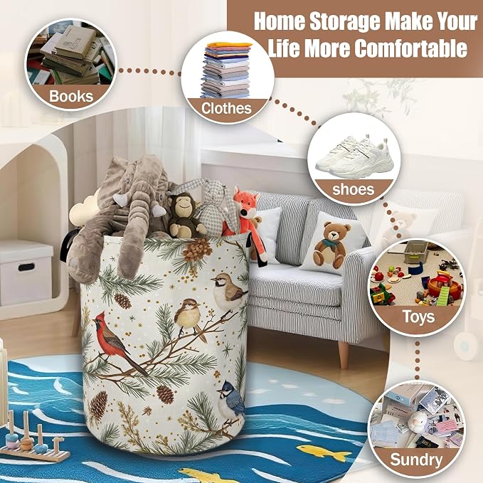 Blue Bird Cardinal Pine Laundry Baskets,Laundry Hamper,Storage Basket with Handles for Bathroom Bedroom College Dormitory Living Room Nursery Organizer 16"x20.8"