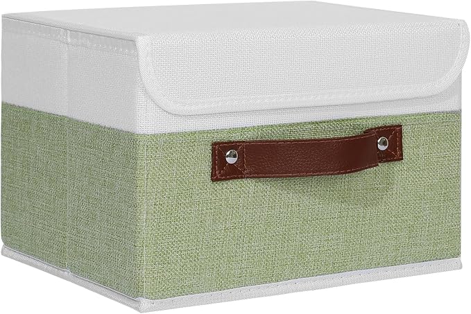 ANMINY Fabric Storage Box Bins with Lids, Green White, 10"x8"x7" | Keepsake Memory Storage, Cotton Linen, PP Board Reinforced, Washable, PU Handles, Foldable & Stackable, Decorative, Small
