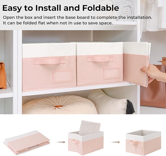 GRANNY SAYS Closet Storage Bins with Label, Pink&Ivory, Medium, 3-Pack | Fabric Storage Bins for Shelves, Closet Storage Boxs, Clothing Storage and Organization, Decorative Storage Bins