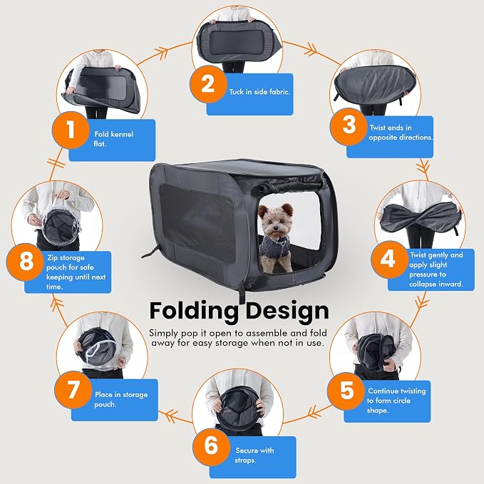 Portable Collapsible Pop Up Kennel, 24"L x 16.6"W x 16"H, Black | Collapsible indoor/outdoor travel cat and dog crate with mesh screen windows pops up and folds flat for easy storage
