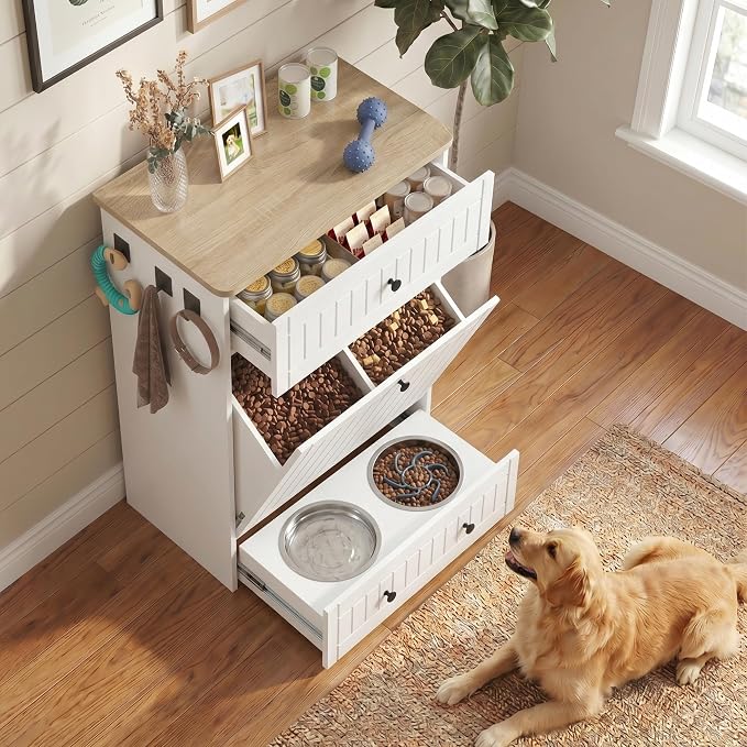 Dog Feeding Station Cabinet Elevated Bowls (White, Classic Panel) | Slow Feeder Insert, Large food bin, Removable Divider, 3 Side Hooks, Pull-Out Drawer, Easy to Clean for Small & Middle Dogs