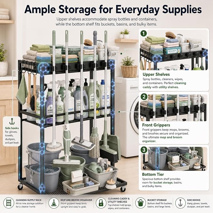 Cleaning Supplies Organizer Cart with Wheels, Broom and Mop Holder with 5 Grippers, 6 Hooks, 3 Shelves, Rolling Broom Closet Storage Rack for Laundry Room, Kitchen, Bathroom, Garage, Poolside