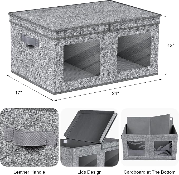 Univivi Large Fabric Storage Bins with Lids for Clothes 2 Pack, Grey | 24 x 17 x 12 In Foldable Storage Boxes with Handles, Clear Window, Closet Organizers for Home, Bedroom