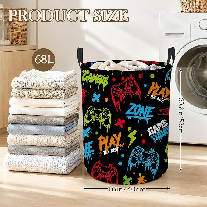 Gaming Zone Laundry Basket, Game Over Collapsible Laundry Hamper Waterproof Oxford Cloth With Handles, Clothes Storage Bucket For Bathroom/Bedroom 16" x 20.8"
