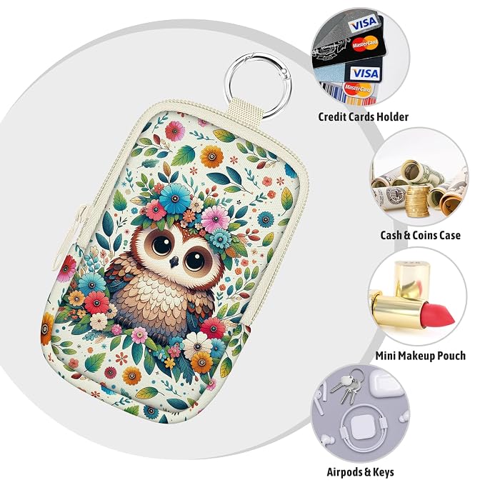 Hand Sanitizer Holder, Owls Floral Spray Case Zippered Pouch | Keychain, Travel Size, Cute Fashion Accessory with Snap Hook, for Glow Mist and Power Mist 1FL OZ, Mini Small Pocket Clip on