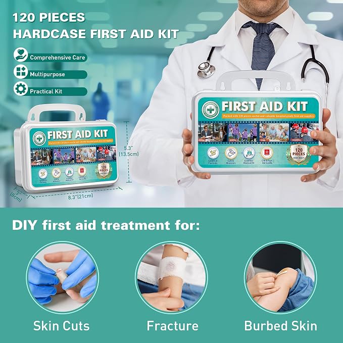 General Medi 120 Pieces Hardcase First Aid Kit - First Aid Box Includes Instant Cold Pack, Emergency Blanket for Travel, Home, Office, Vehicle, Camping, Workplace & Outdoor