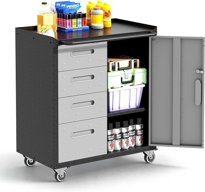 Garage Cabinets,Metal Garage Storage Cabinet with Wheels,Lockable Rolling Tool Cabinet with Drawer and Adjustable Shelves,Heavy Duty Tool Chest for Home Office Utility Room,Black/Grey