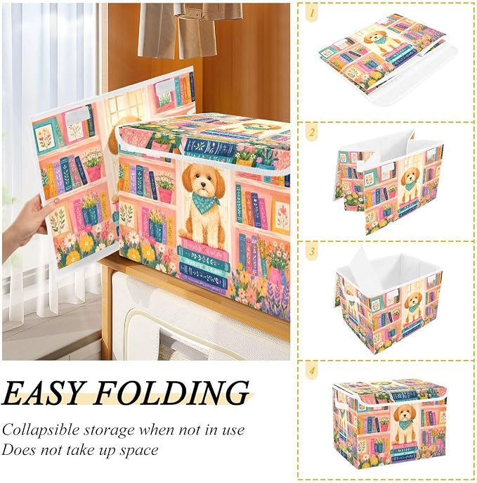 Fabric Storage Bins with Lid Cute Dog Floral Closet Storage Basket 40L | Foldable & Stackable, Flip Top Dust Guard, Reinforced Handles, Home & Bedroom, Clothes & Toys, Oxford Print Basket