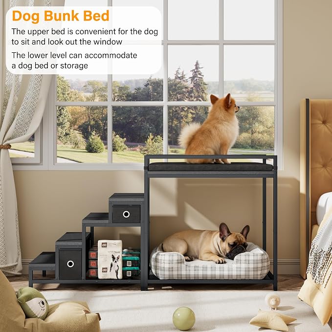 kepptory Pet Bunk Bed with Stairs and Storage, Dog Beds Attachment to Human Bed, Bedside Dogs Cot for Small, Medium Cats & Dogs, Pet Window Perch (Black)