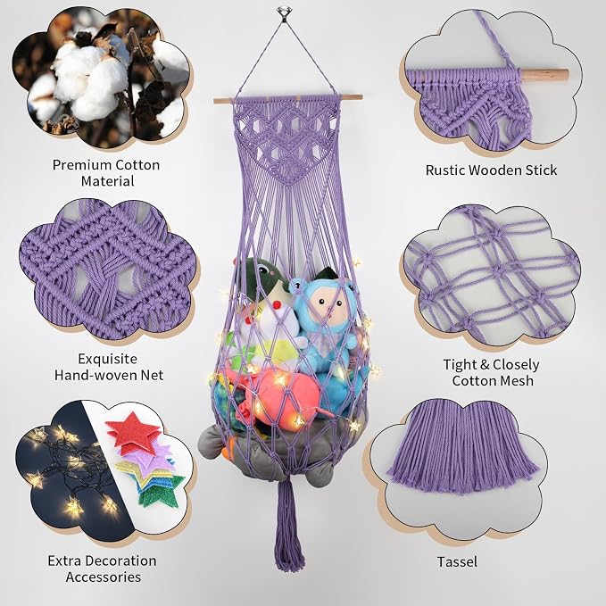 63Inch Stuffed Animal Storage Net Corner,Macrame Toy Hammock,Purple | Wall Ceiling Over Door Hanging Stuffed Animal Hammock Net,Plushies Organizer w/ Star Lights,Nursery Playroom Kid Room Decor