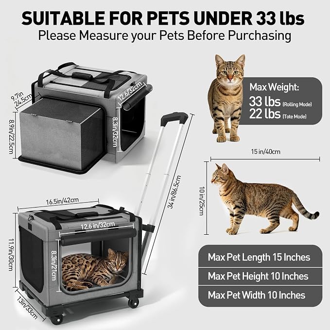 Rolling Cat Carrier with Wheels, 16.5 x 13 x 11.8 in, Light Gray | Expandable, foldable soft-sided carrier with detachable wheels and telescopic handle for cats and small dogs