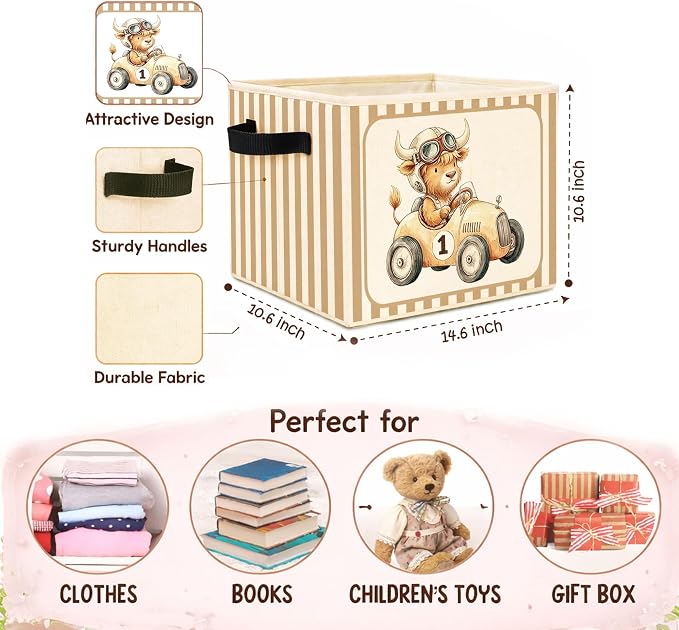 Race Car Highland Cow Beige Stripe Foldable Fabric Storage Bin | Highland cow race car and beige stripe design; collapsible bin for toys, books, clothes in kids room, nursery or playroom.