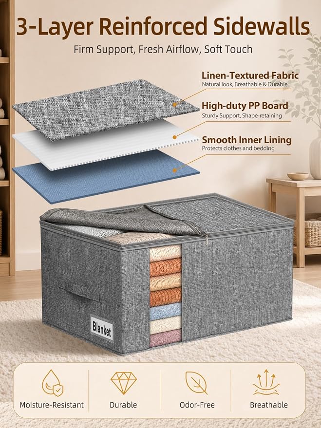 60L Rigid-Sided Blanket Storage Bags, 2 Pack, Gray | Rigid Sides and Bottom, Stackable Design, for Comforters, Quilts, Bedding, Pillows and Clothes, Closet and Dorm Organization