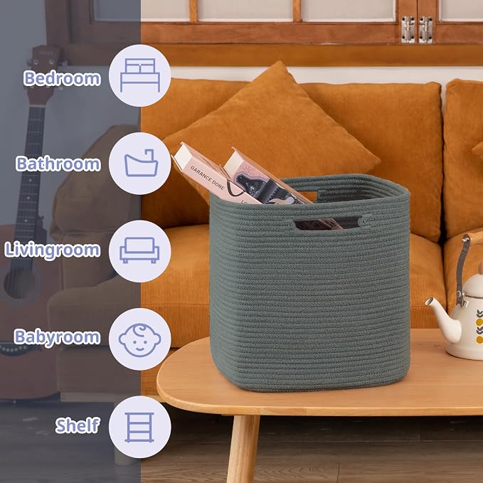 OIAHOMY 2 PACK Cube Storage Bin 13 Inch Collapsible Storage Cube Dark Grey | Cube Storage Organizer Storage Bins for Shelves Baskets for Organizing Woven Rope Storage Baskets