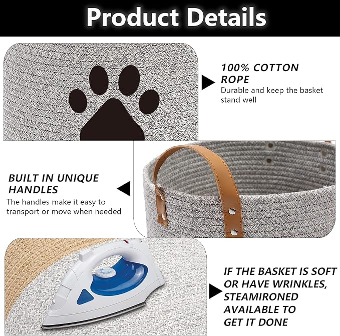 Morezi Cotton Rope Dog Toy Basket, Puppy Toy Storage Bin, Laundry Basket Blanket Storage - Perfect for Organizing Pet Toys, Blankets, Leashes - Gray Beige