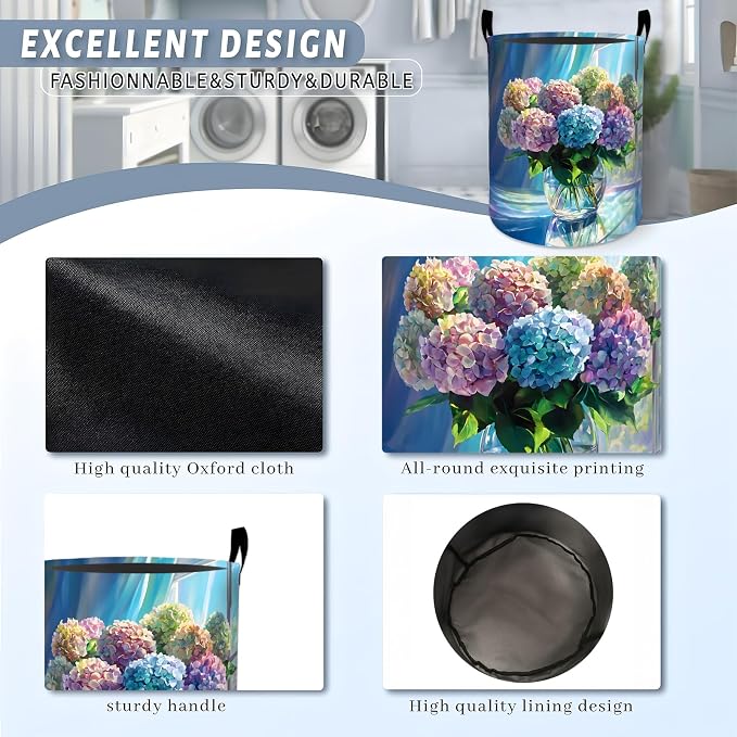 Hydrangea Floral Laundry Basket, Colorful Blooming Flower Art Storage Hamper, Round Collapsible Waterproof Cloth Bin, 19.7x15.7 Inch Elegant Clothes Organizer Gifts for Bathroom Decor
