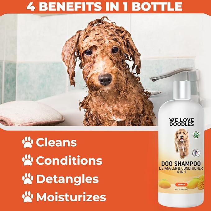 We Love Doodles Dog Shampoo, Conditioner, & Detangler - Shampoo for Dogs, Goldendoodles, Poodles & Doodles, for Matted Pet Hair & Sensitive Skin, Made in The USA, Mango, 16 oz