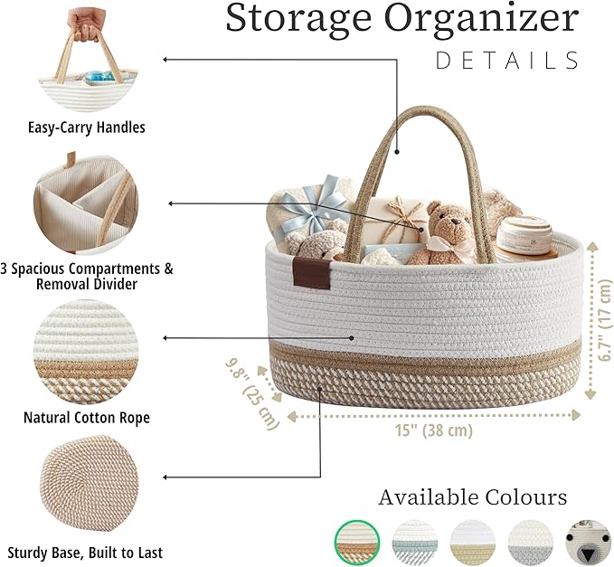 DECOMOMO Baby Caddy Organizer, Large Diaper Caddy Basket | Baby Baskets for Baby Shower (Spiral Beige & White)