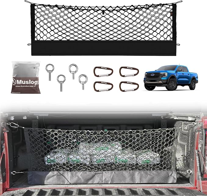 Muslogy Cargo Net for Ford Ranger 2024 2025 2026 Accessories | Custom Fit, Truck Bed Storage Organizer Net for Pickup Truck Bed Divider, Heavy Duty Carabiners, Night Visible Grab Handle