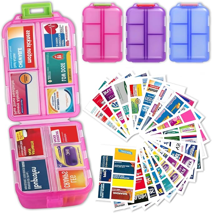 3 Pack Large Pill Organizers with Medicine Labels, Pink Blue Purple | Set of 3 large pill cases with 3x161 medicine labels for 7-day planning, family use, travel, and separate routines