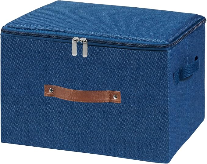 Storage Bins with Zipper Lid Decorative Lidded Box Fabric Baskets | Collapsible Shelf Closet Organizer Container, Cotton Linen Boxes, PU Leather Handle, Stackable Washable (Dark Blue, Large)