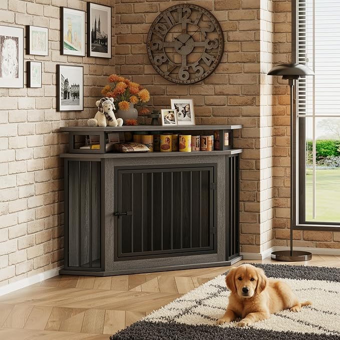 IRONCK 43.3" Corner Dog Crate Furniture with 2-Tier Shelves Gray | 10mm thickened iron frame. 2-tier storage shelves and 180 lb tabletop. 23.6"L x 43.3"W x 32"H. Space-Saving Indoor crate.