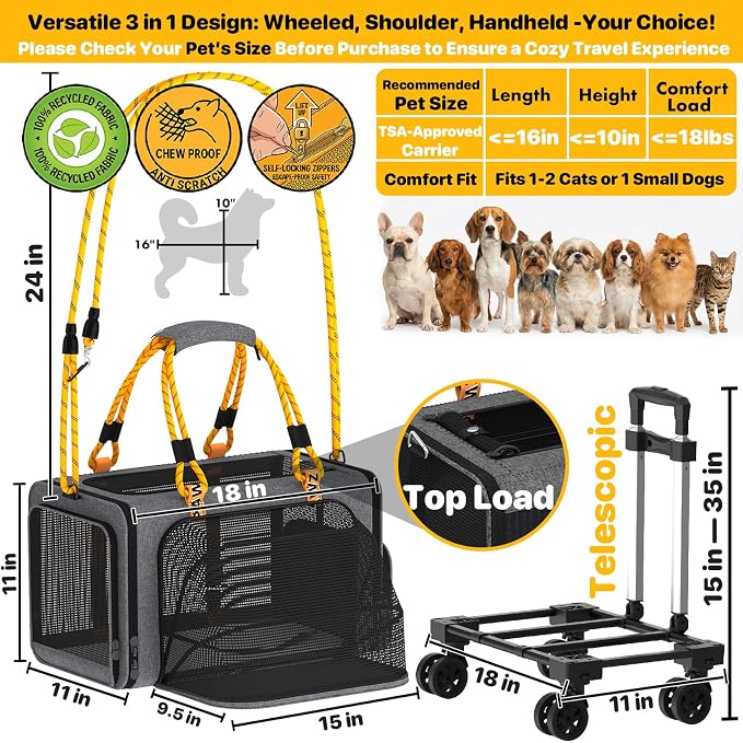PAWZIDEA Expandable Pet Carrier with Wheels, TSA Airline Approved, Up 18lbs | 18x11x11 Underseat, Rolling Soft-Sided Carrier for Large Cats & Small Dog Travel Bag, Self-Locking Zippers, Telescopic Handle