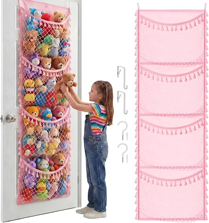 Over The Door Stuffed Animal Storage | Toy Organizer for Storage Plush Toys, Stuffed Animal Holder with 4 Large Pockets, Hanging Door Organizer for Nursery