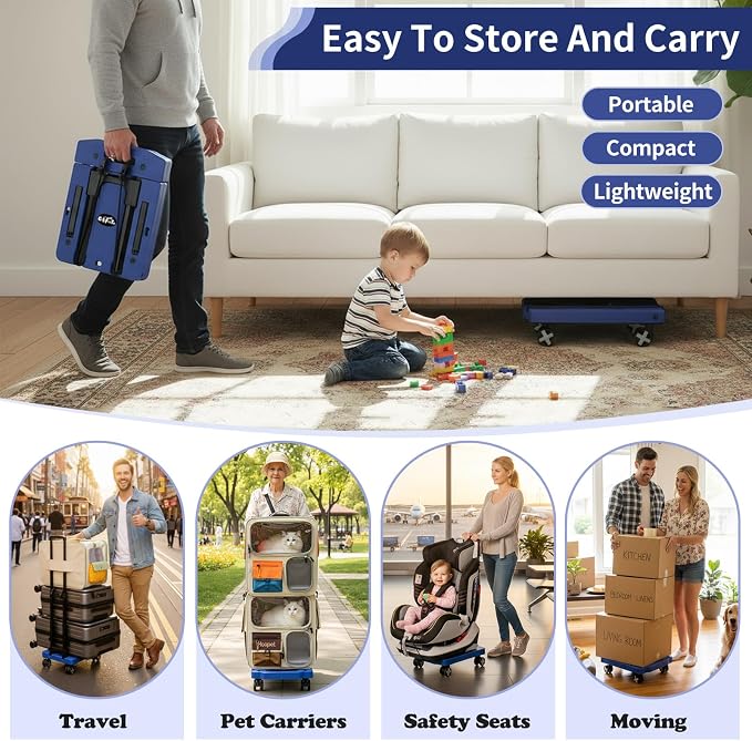 GtIiFmTe Foldable Hand Truck, Lightweight Luggage Cart for Airport Car Seat | Compact Folding dolly with Rotating swivel wheel,storage size12×15.7×4.1",300lbs Load,Upright Lock Handle with 3bungee cords