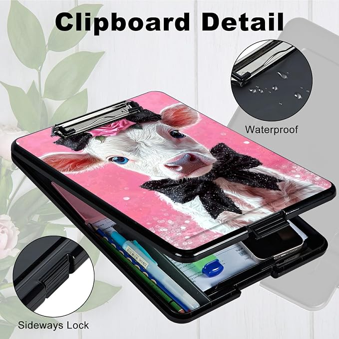 Heavy Duty Storage Clipboard, Slim Nursing Clipboard with Internal Pen Case, Portable File Organizer Case for A4 Letter Size Paper Office Medical Professionals, Pink Flower White Cow