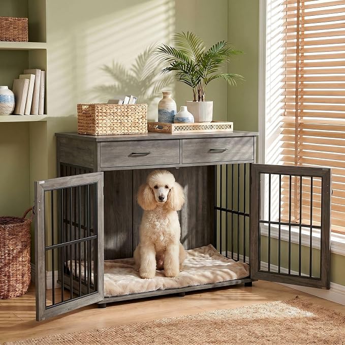 VOWNER 43.3" Large Dog Crate Furniture with 2 Drawers, Grey | Wooden Dog Kennel Furniture End Table with 3 Doors, XL Dog Kennel Indoor with Storage, Dog Cage TV Stand for Large Medium Dog