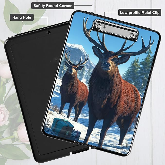 Heavy Duty Storage Clipboard, Slim Nursing Clipboard with Internal Pen Case, Portable File Organizer Case for A4 Letter Size Paper Office Medical Professionals, Snow Mountain Deer
