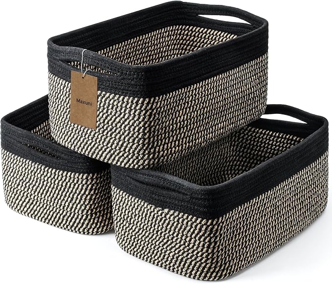 3 Pack Storage Baskets for Organizing, 13.7×9.5×6.3", Black Brown | Woven Baskets for Shelves, Cotton Rope Basket for Gifts Empty, Closet Organizer Bins with Handles, Cube Decorative Box