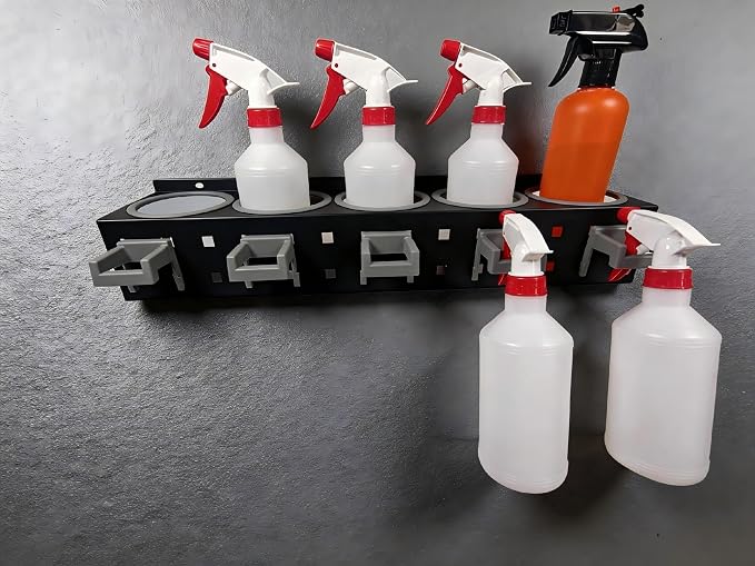 2-Pack Spray Bottle Organizer - 5 Can Holes + 5 Hooks, Wall-Mounted Multi-Functional Organizer Suitable for Car Detailing, Garage, Kitchen, Bathroom