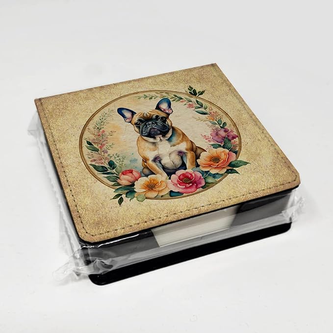 Caroline's Treasures Fawn French Bulldog and Flowers PU Leather Note Paper Holder with Artist-Designed Cover, Desk Accessory, Office Gift