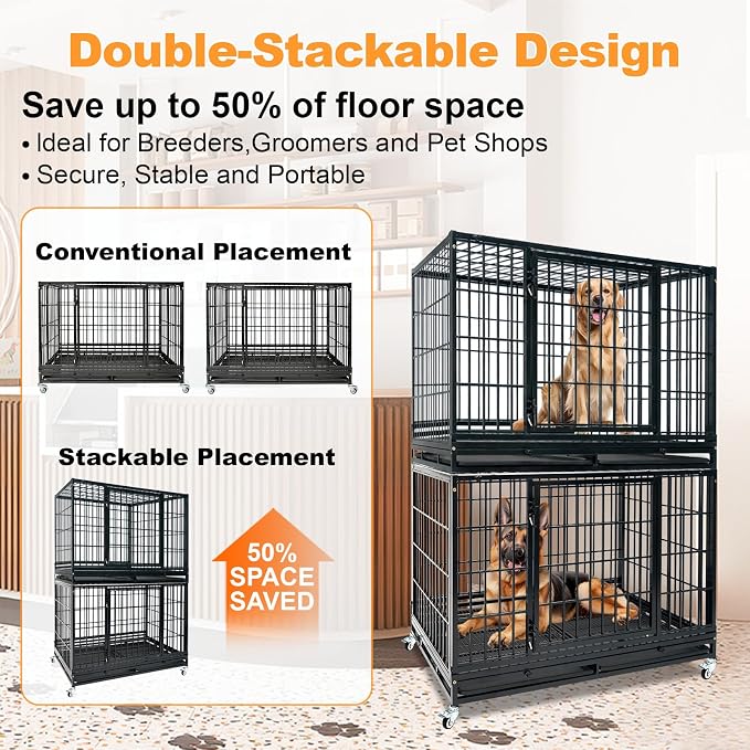 Homey Pet 47 Inch Heavy Duty Indestructible Dog Crate, Stackable Escape Proof Dog Cage Kennel Indoor with Two Trays, Metal Grids, Wheels, Double Doors for High Anxiety Large Dogs(2 Tiers)