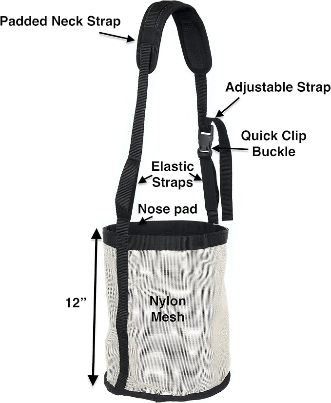 Majestic Ally Horse Feed Bag, Heavy Duty Nylon Mesh Grain Feed Bag, Adjustable Strap with Durable Snap and Elastic Straps, Comfort Neck Pad and Nose Pad- Large (Draft, Beige)