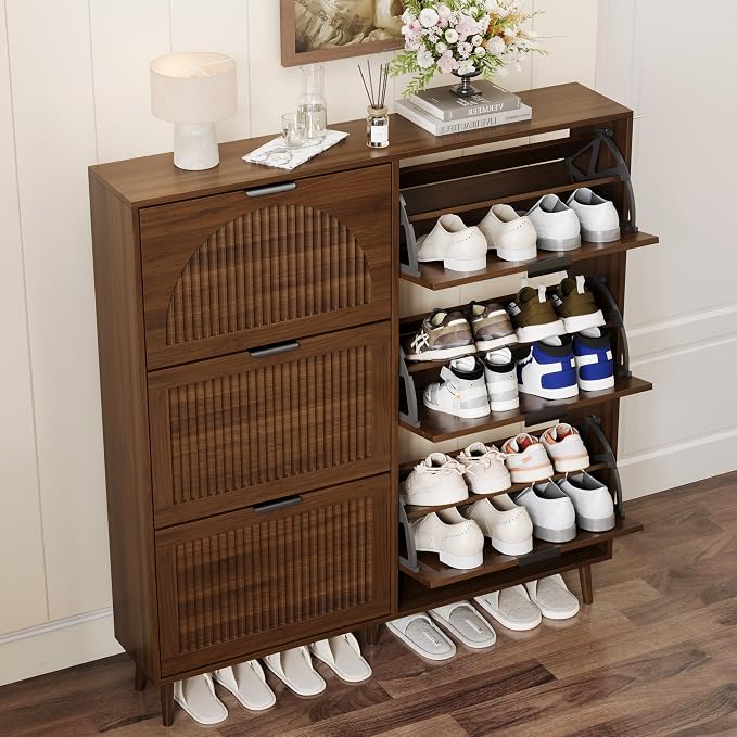 Shoe Storage Cabinet with 6 Flip Drawers, Narrow Wood Shoe Organizer Cabinet with Fluted Panel, Slim Shoe Rack for Entryway, Freestanding Shoe Cabinet for Living Room, Hallway, Walnut