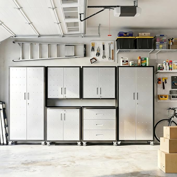 Garage Cabinet System | Heavy Duty Steel All-in-One Modular Garage Cabinet Set for Ultimate Workshop Organization | Easy Assembly Garage Storage Cabinets & Tool Bench