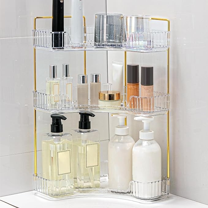 Corner Bathroom Counter Organizer Bathroom Countertop Shelf Makeup Organizer for Vanity Perfume Tray for Corner Storage (3 Tiers, White)